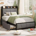 Modern Twin XL Upholstered Platform Bed Storage Headboard, 2 Drawers, Charging Station, No Box Spring Needed, Easy Assembly Dark Grey